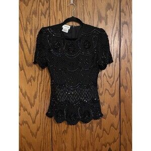 Stenay Black Beaded Sequin Evening Top Silk Blend Petite Estimated 0-2